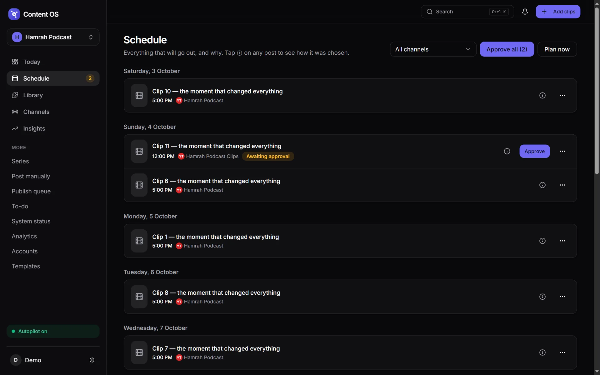 Content OS schedule timeline grouped by day, with one post awaiting approval and Approve all and Plan now buttons.