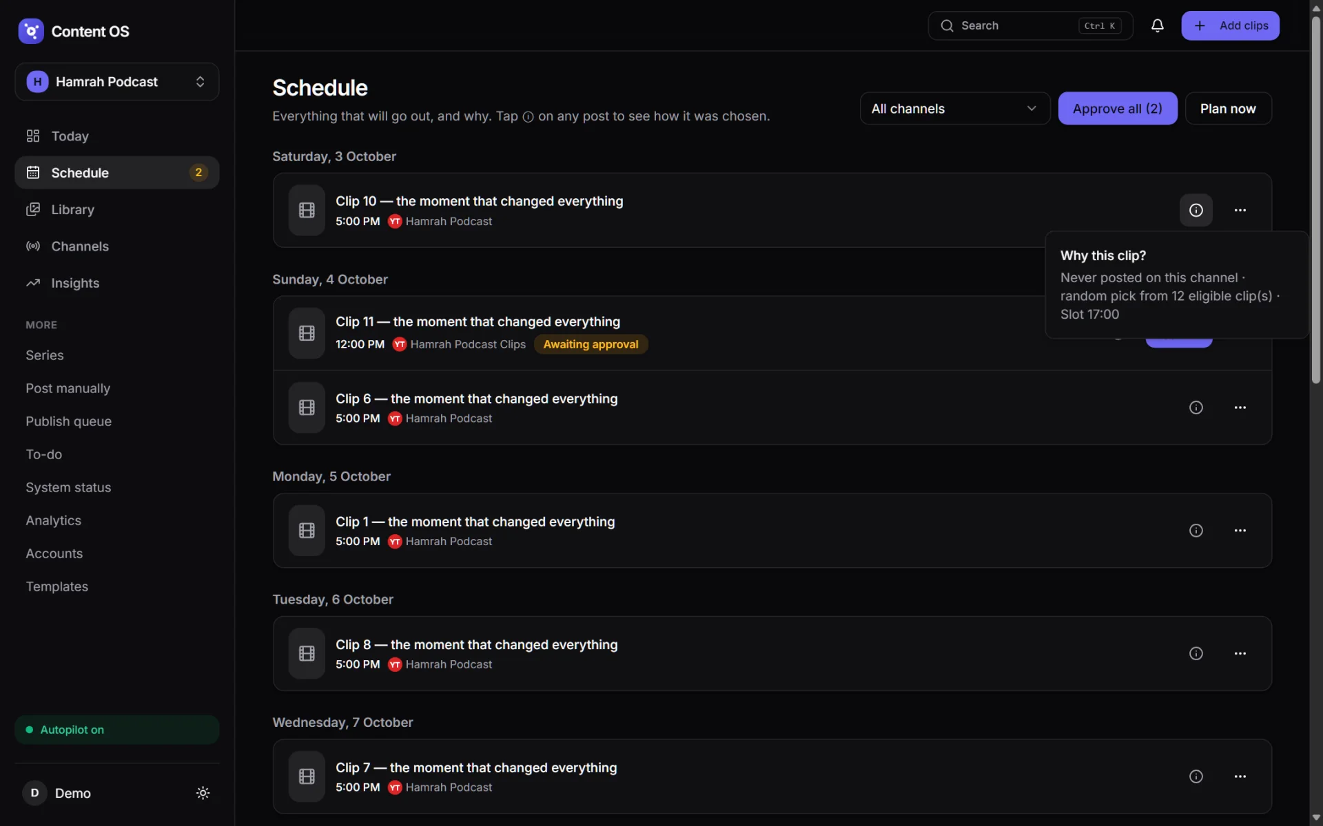 Content OS Schedule with a Why this clip popover: never posted on this channel, random pick from 12 eligible clips, slot 17:00.