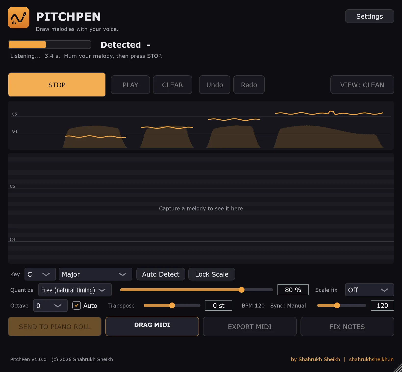 PitchPen while capturing: the button reads STOP, the status says Listening 3.4 seconds, a level meter is partly filled and a pitch curve with loudness bars is drawing across the top as four notes have been sung.