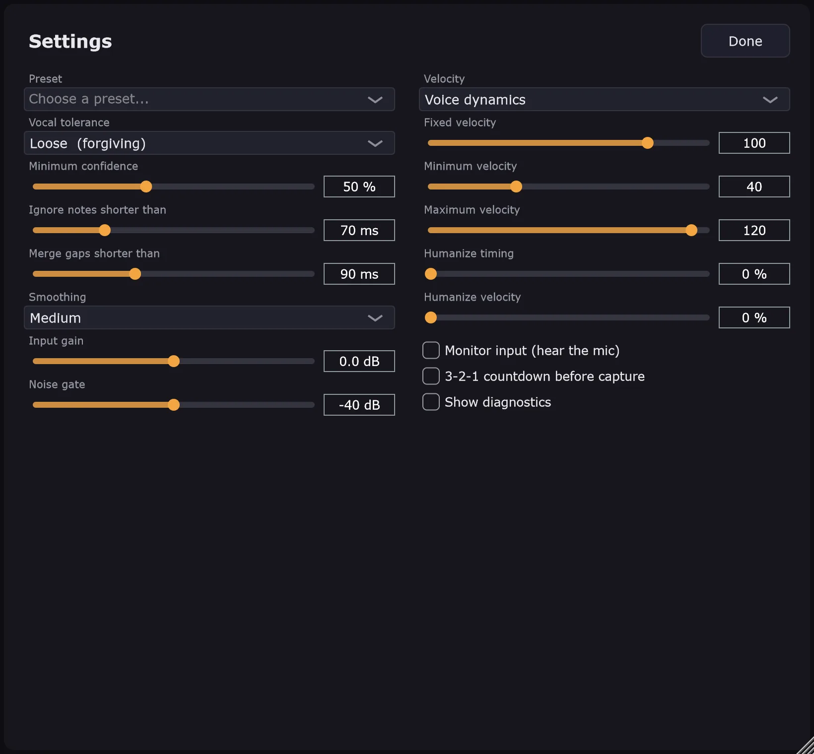 PitchPen Settings panel: preset, vocal tolerance set to Loose, minimum confidence 50 percent, ignore notes shorter than 70 ms, merge gaps shorter than 90 ms, smoothing, input gain, noise gate, velocity mode and range, humanize sliders, and monitoring, countdown and diagnostics checkboxes.