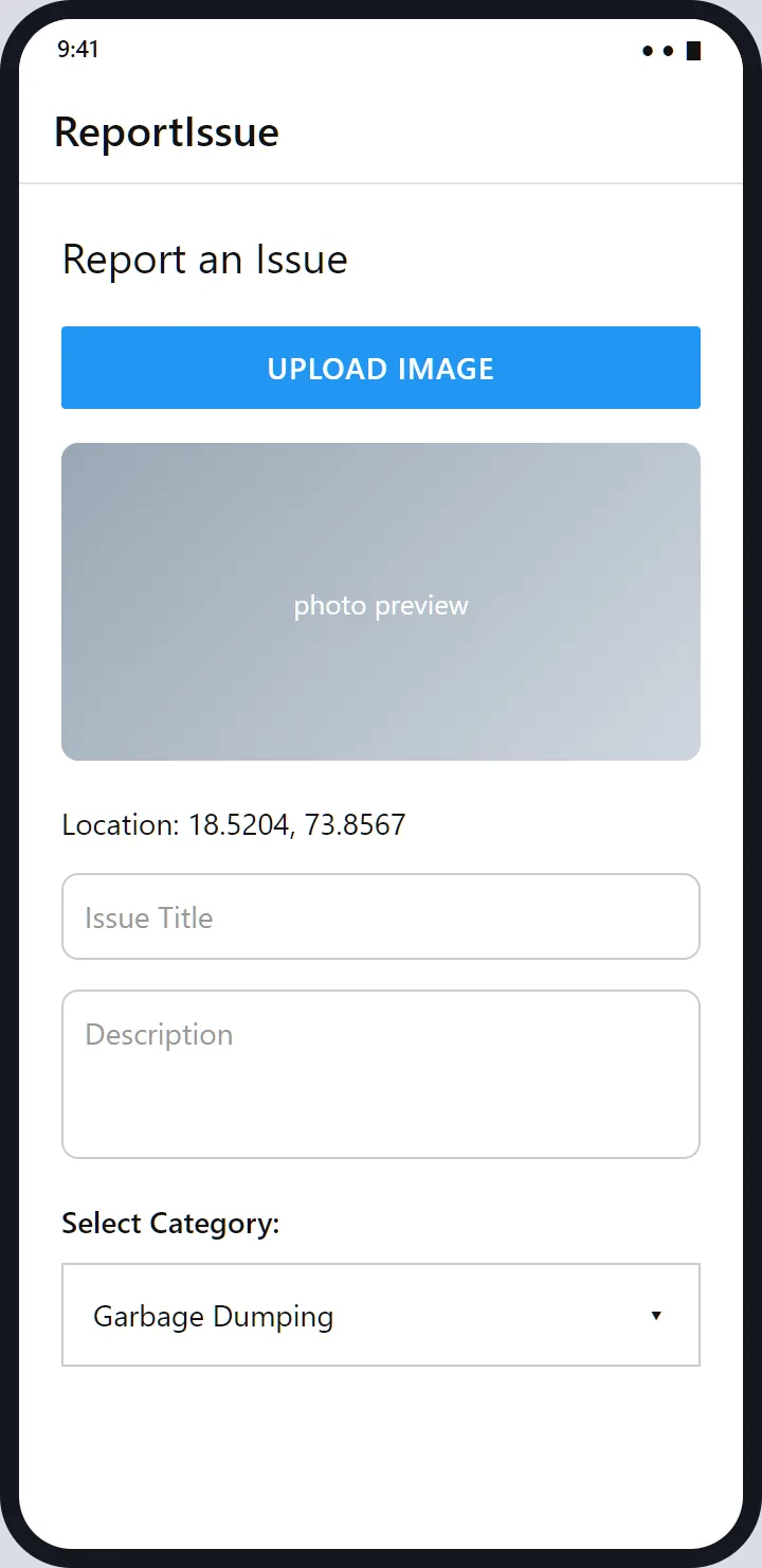 The Report an Issue screen: an Upload Image button, a photo preview, the phone's coordinates, a title, a description and a category picker.