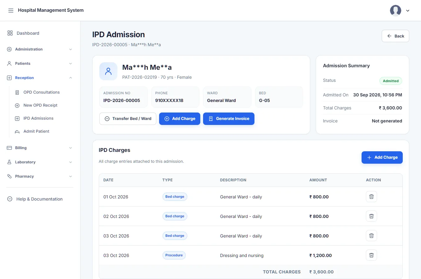 A single IPD admission: patient summary, ward and bed, buttons to transfer, add a charge and generate an invoice, and a table of charges such as General Ward daily bed charges and a procedure.