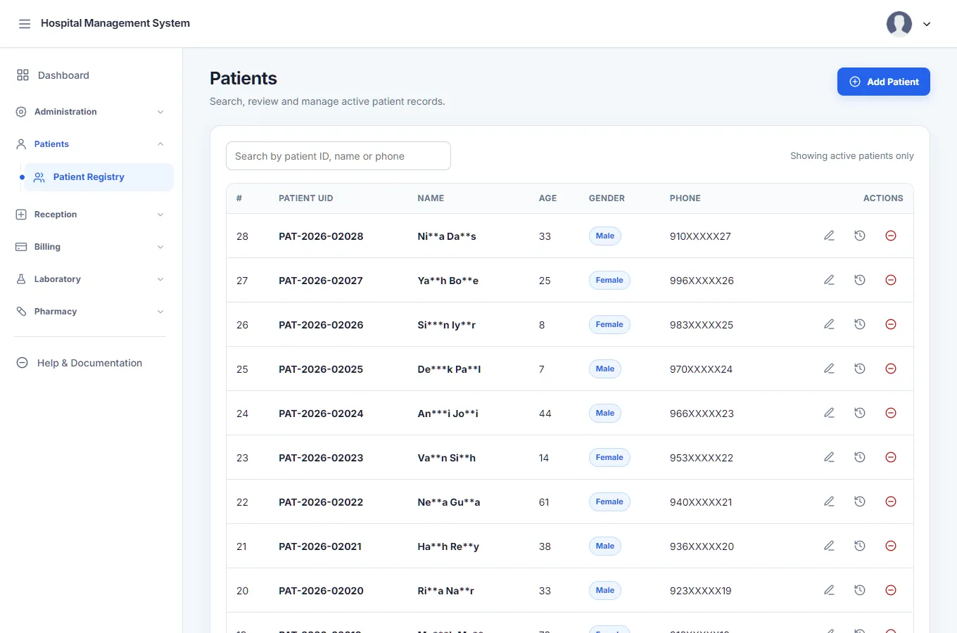 The Patient Registry list with patient numbers, masked names, age, gender and masked phone numbers, a search box and an Add Patient button.