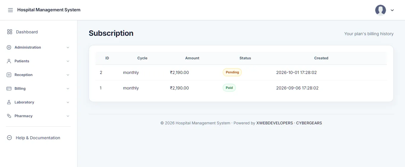 A hospital's own Subscription page listing its invoices with cycle, amount, status Paid or Pending and date.