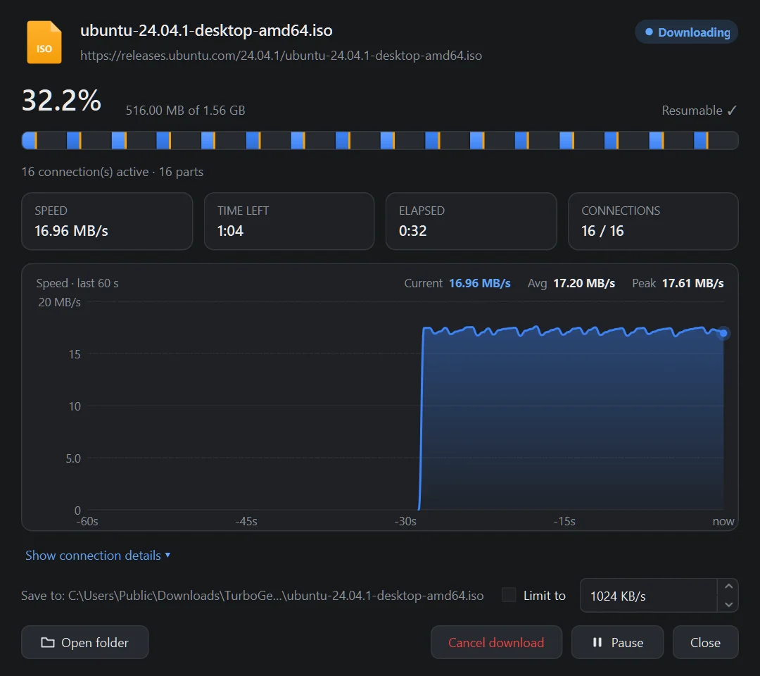 TurboGet download window showing a live speed graph and 16 parallel connections.