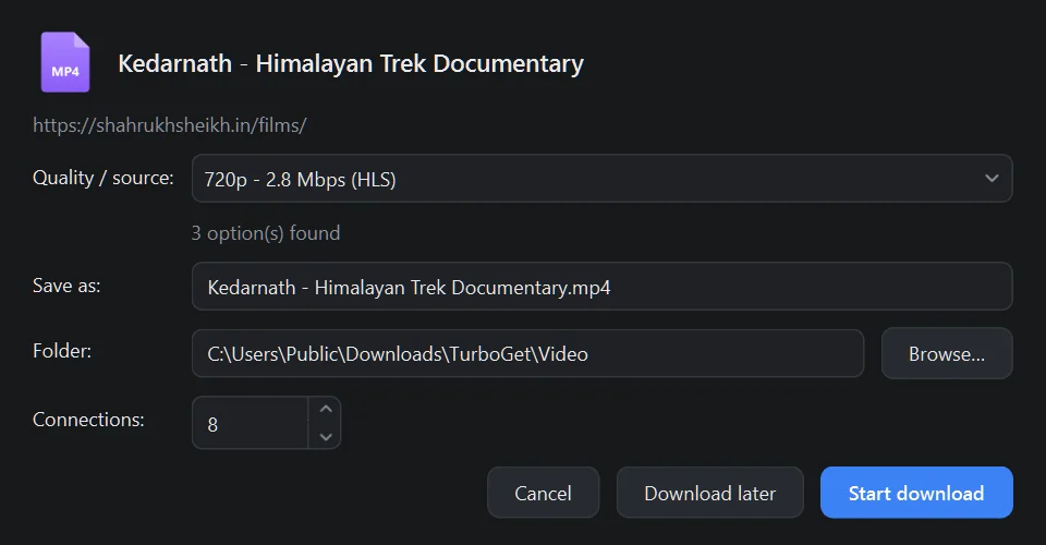 TurboGet new download dialog listing available qualities for a video, with file name, folder and connection count.