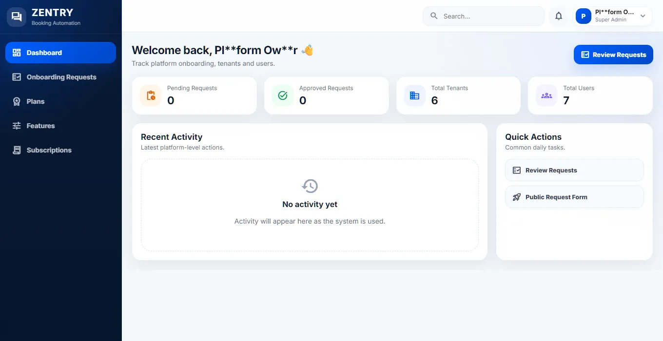 The platform dashboard: pending requests, approved requests, total tenants and total users.
