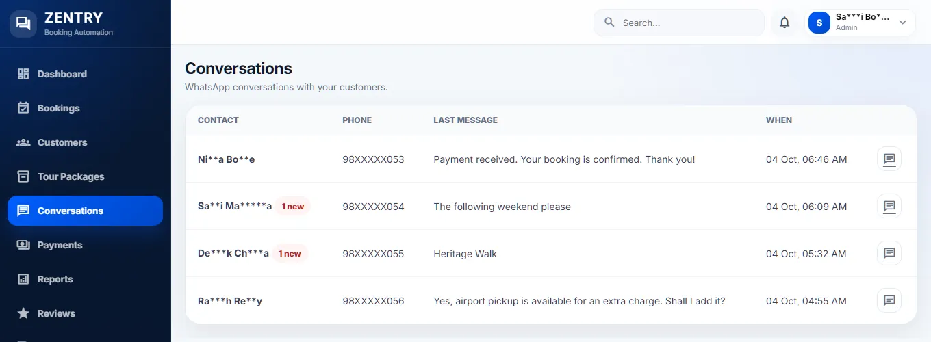 The Conversations inbox: contact, phone, last message and time, with unread badges.