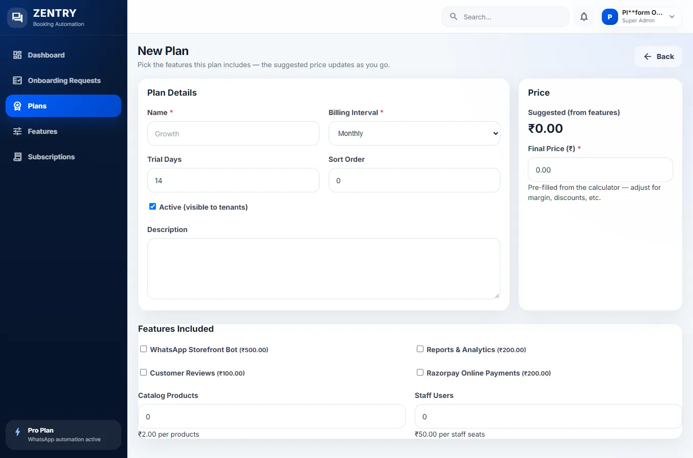 The New Plan builder: plan details, a list of features with prices, and a suggested price from the features that are ticked.