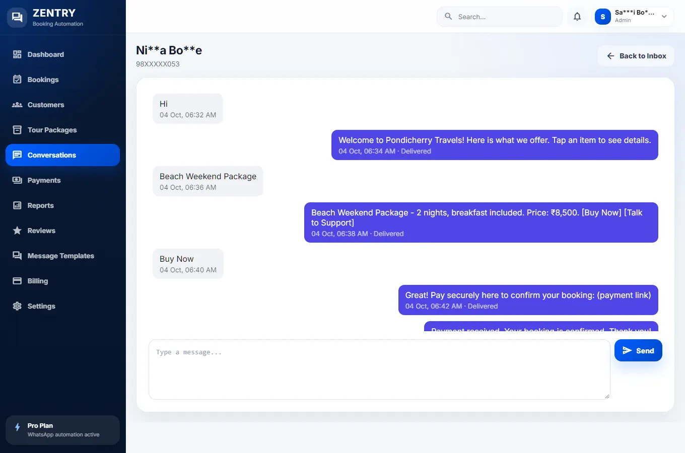A WhatsApp conversation thread in the inbox: the customer's messages and the business's replies.