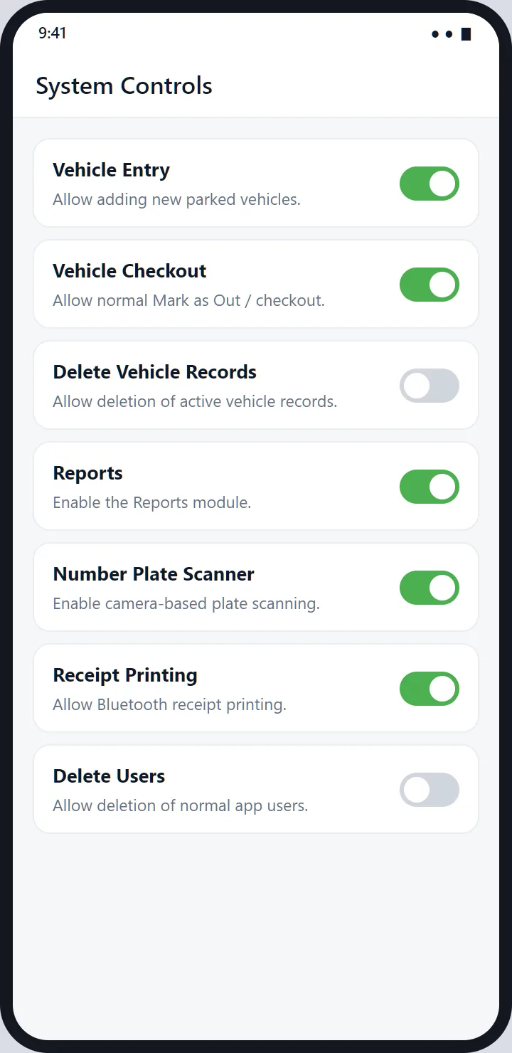 System Controls: a list of switches for vehicle entry, checkout, deleting records, reports, the plate scanner, receipt printing and deleting users.
