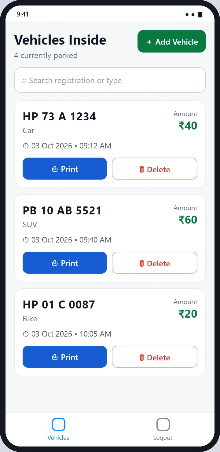 Vehicles Inside: a count of parked vehicles, an Add Vehicle button, a search box and vehicle cards with registration, type, amount, entry time and Print and Delete buttons.