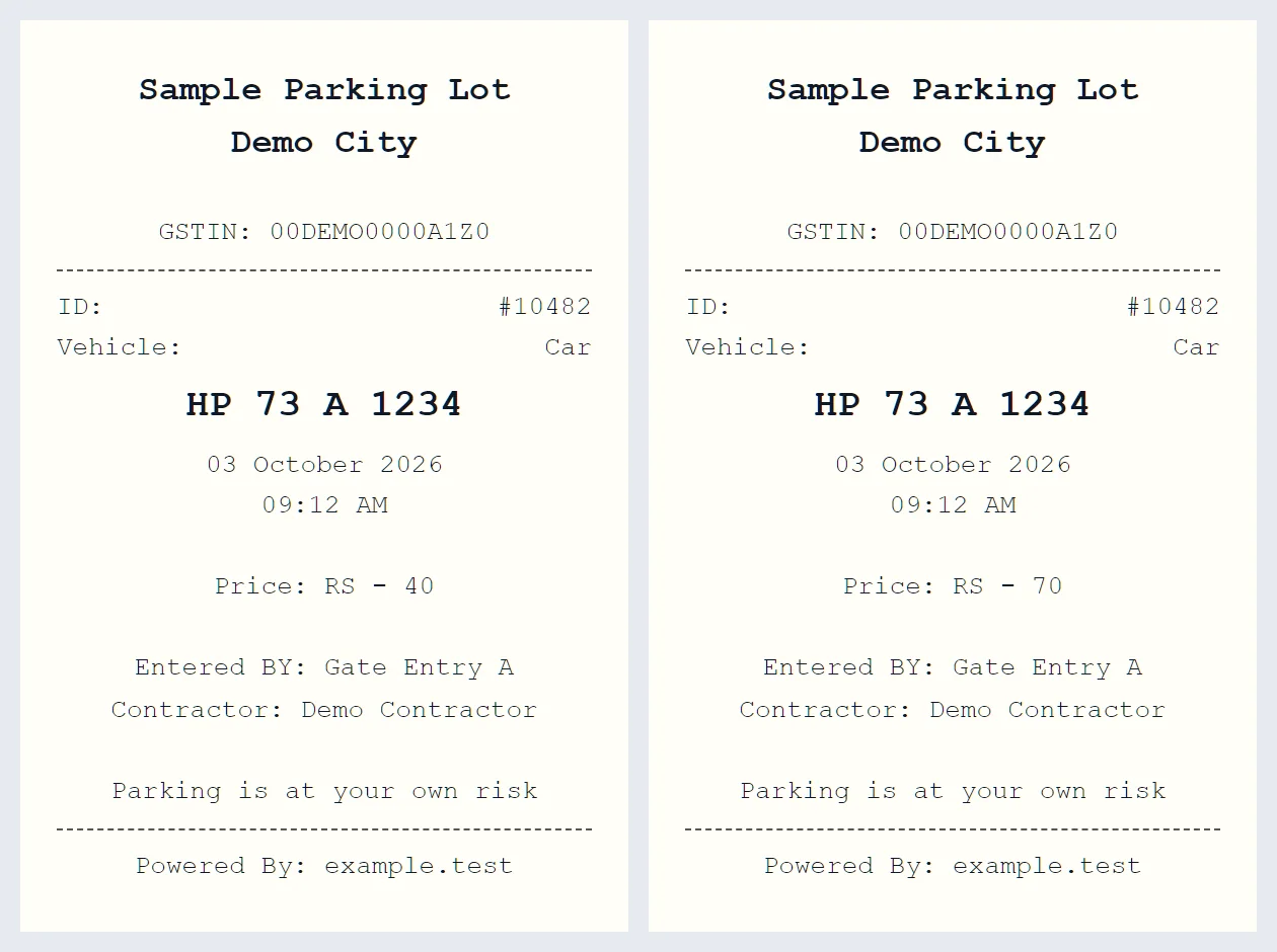 Two thermal slips drawn with sample data in the same layout: one with a receipt number, vehicle type, plate, entry time and the price so far of 40 rupees, and one with the final price of 70 rupees, each with the attendant, contractor and a disclaimer.