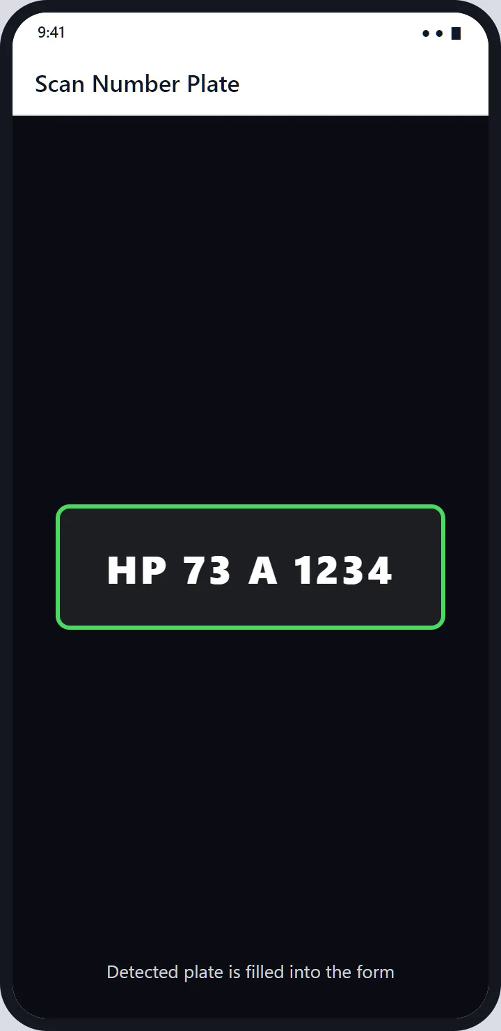 The plate scanner: a dark camera view with a green box around the detected plate HP 73 A 1234.