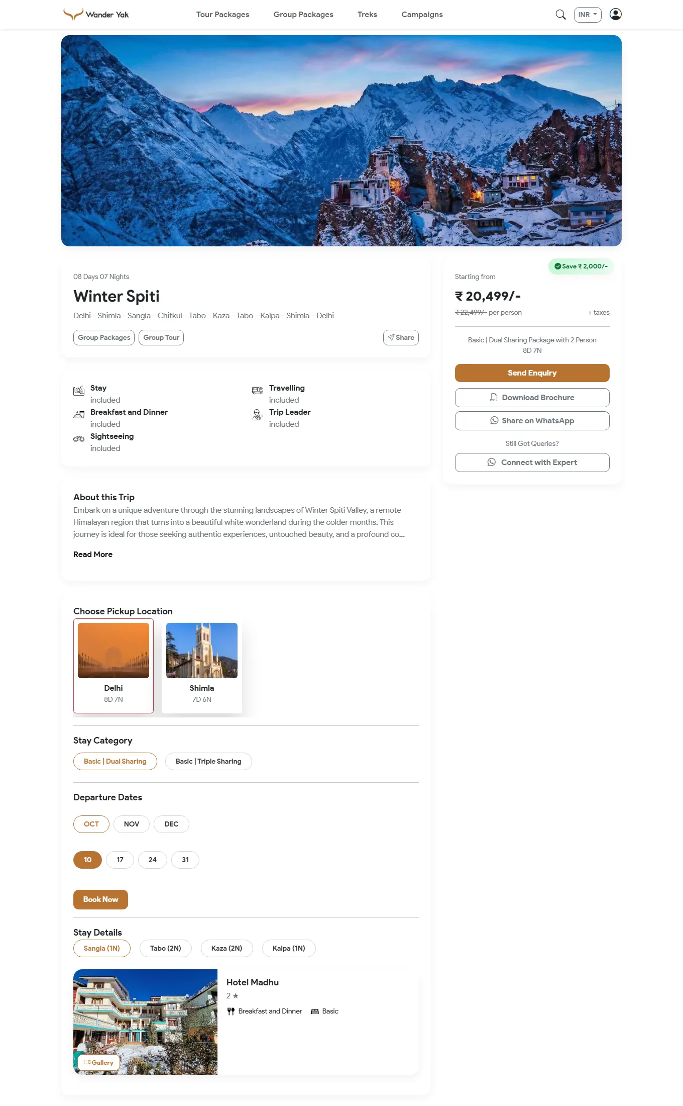 A trip page for Winter Spiti: a large photo, the route Delhi to Shimla via Kaza, a starting price of 20,499 rupees with Send Enquiry, Download Brochure and Share on WhatsApp buttons, what is included, Choose Pickup Location, Stay Category, Departure Dates and a Stay Details hotel card.